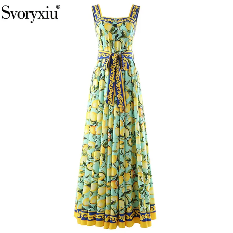 

Svoryxiu 2022 Fashion Runway Summer Cotton Maxi Long Dress Women Spaghetti Strap Belted Lemon Print Bohemia Vacation Long Dress