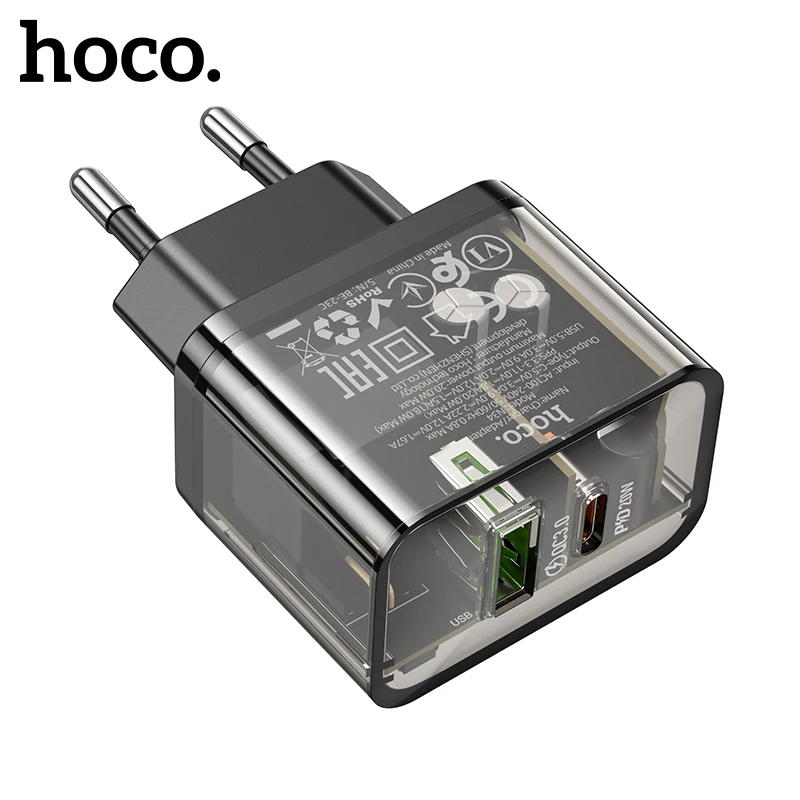 

HOCO полностью прозрачное PD20W QC3.0 быстрое зарядное устройство для iPhone 11/12/13 Pro Max Type C настенный адаптер для быстрой зарядки телефона Samsung