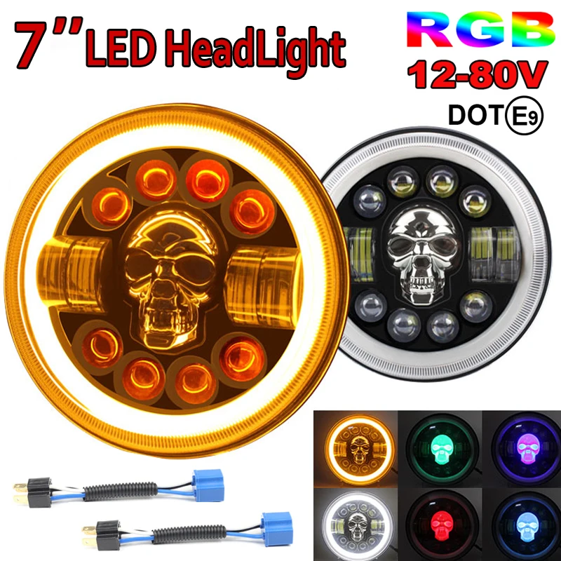 

7Inch H4 Car HeadLight Hi/Lo Beam RGB Skull Angel Eyes LED Running Lamp 12-80V For Jeep Wrangler Lada 4x4 Niva OffRoad Hummer