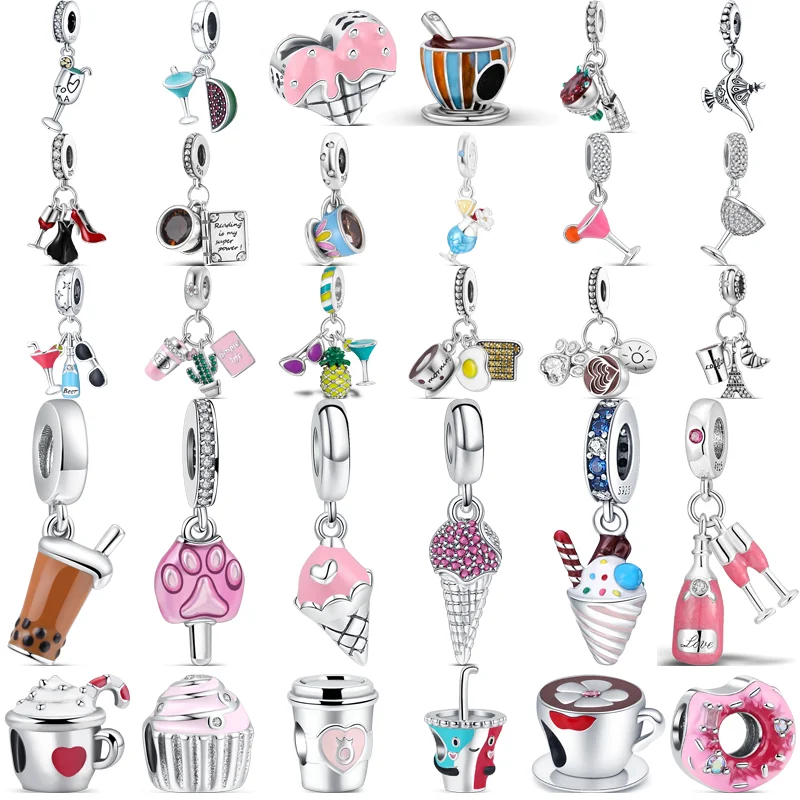 

925 Sterling Silver Coffee Cup Goblet Wine Cup Milk Tea Ice Cream Pendant DIY Beads Fit Original Pandora Charms Bracelet Jewelry