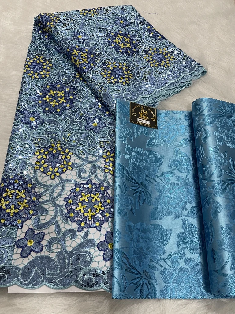 

African Fashion High Quality Sego Gele Headtie Hat 2Pcs/Bag With Sequins Embroidery Lace Fabric 5Yards For Wedding Party Dress