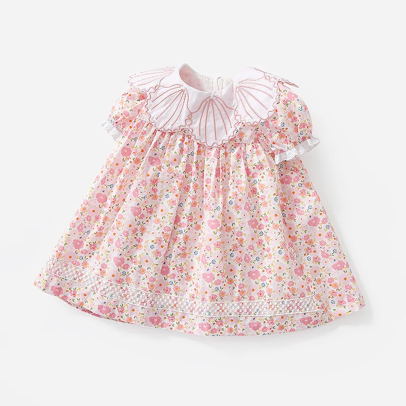 

Princess dress baby girl summer pink floral dress lace collar girl's dress