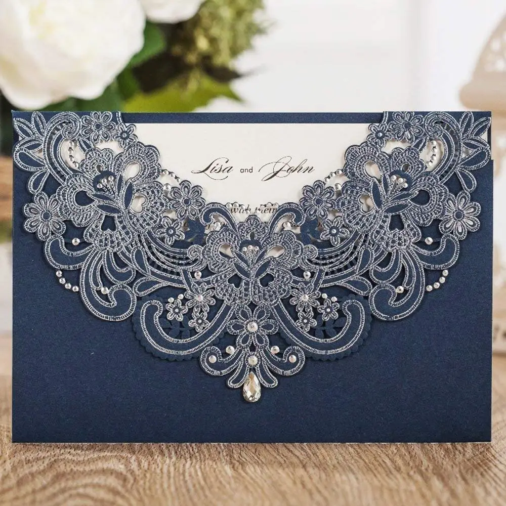 

WISHMADE 50pcs Laser Cut Wedding Invitations Cards with Rhinestone Navy Blue Lace Flora Invites Card for Birthday Party Supplies