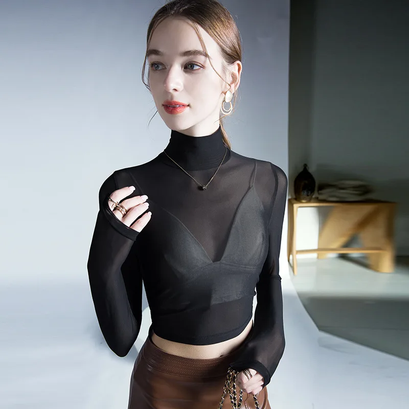 

High Quality 2023 Women Tops Gauze Thin T-shirt Female Clothing Winter Autumn Sexy Crop Top Clothes Casual Fashion Blouse Y2k