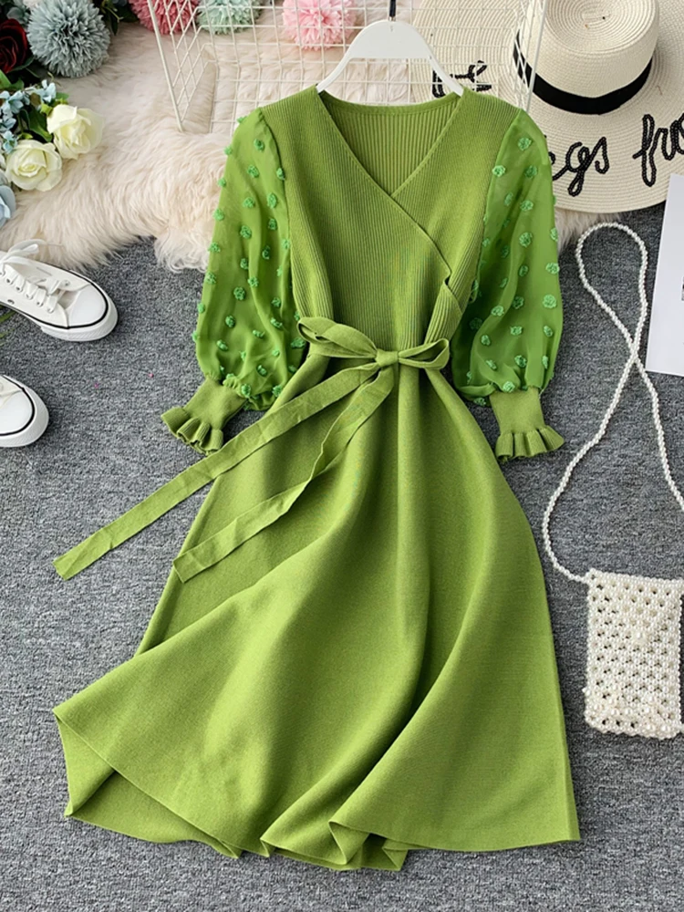 

Женское осеннее платье с длинным рукавом, V-образным вырезом и высокой талией