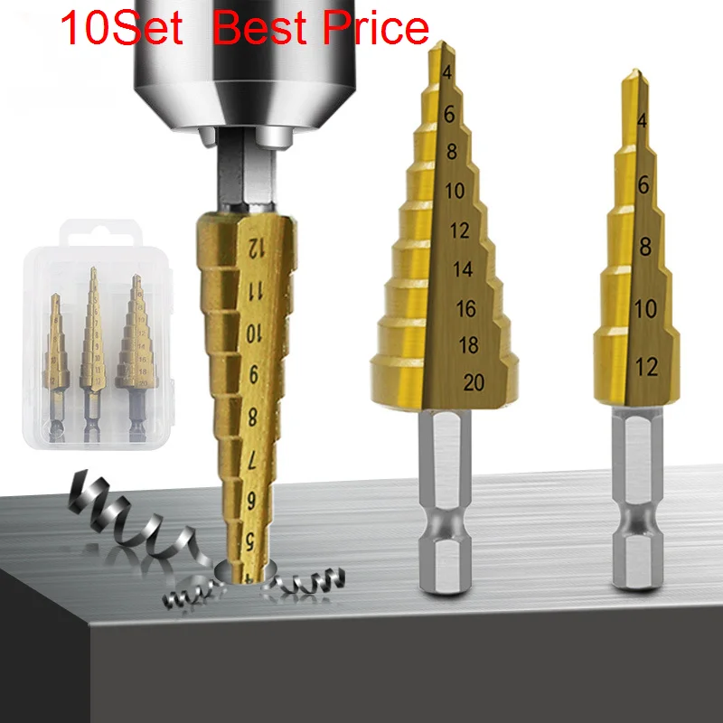 

10Sets Hexagonal Handle Straight Groove Titanium Plated Step Drill 3-12 / 4-12 / 4-20 Boxed Reaming Step Drill Pagoda Drill Set