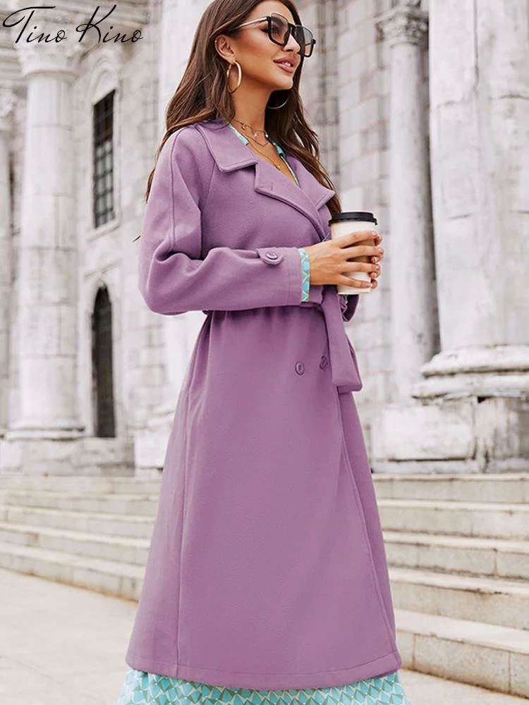 

Elegant Warm Women Woolen Coat With Belt Tunic Lapel Double Breasted Female Overcoat 2023 Winter Chic Lady Commuter Overcoats