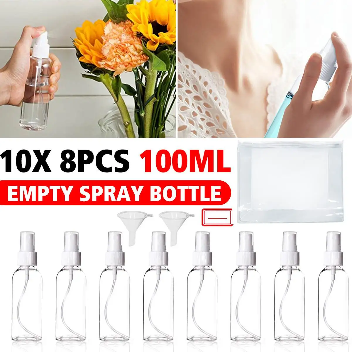 

10 x 8PCS 100ml Refillable Bottles Empty Transparent Dispenser Container for Perfume Cosmetic Travel Container with Funnel Label