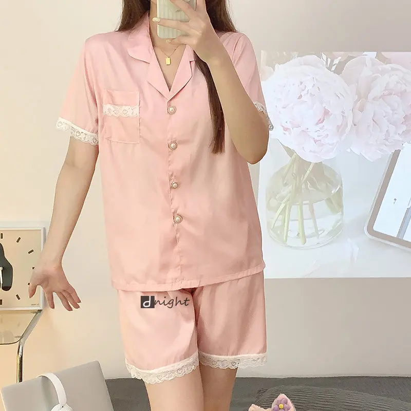 Summer Plus Size Womens Silk Satin Pajamas Set For Womens Sleep Two Piece Set Loungewear Loose M-5XL Sleepwear Pyjamas