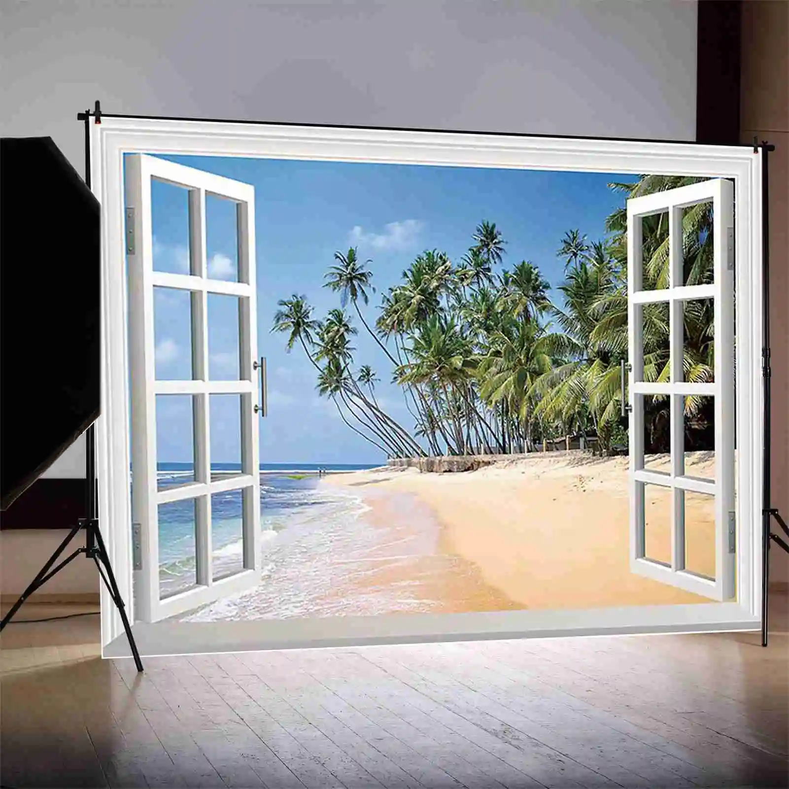 MOON.QG Blue Ocean Background Photography Cloud Window Curtain Sky Photozone Backdrop Children Studio Photobooth Supplies