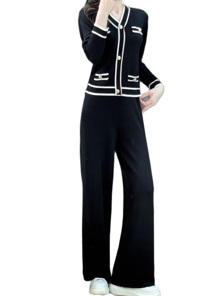 

High Quality Knitted Two-Piece Color Contrast Knitted Cardigan+Wide Leg Trousers Set 2022 Autumn New Fashion Women'S Clothing
