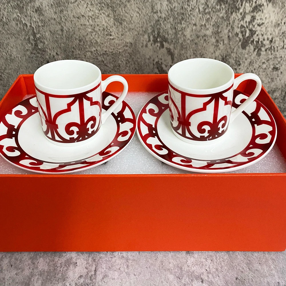 

New In 2022 Classic Luxury European Bone China Coffee Cups And Saucers Set Red Handle Tableware Coffee Plates Coffee Tools juul