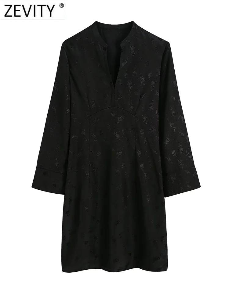 

Zevity Women Fashion Stand Collar Back Jacquard A Line Mini Dress Female Three Quarter Sleeve Casual Slim Party Vestidos 2252