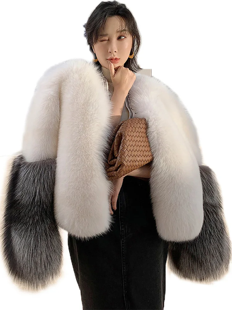 2022 Winter Imported Whole Leather Fox Fur Coat Women's Contrast Color Silver Fox Sleeves European And American Style Fashion enlarge