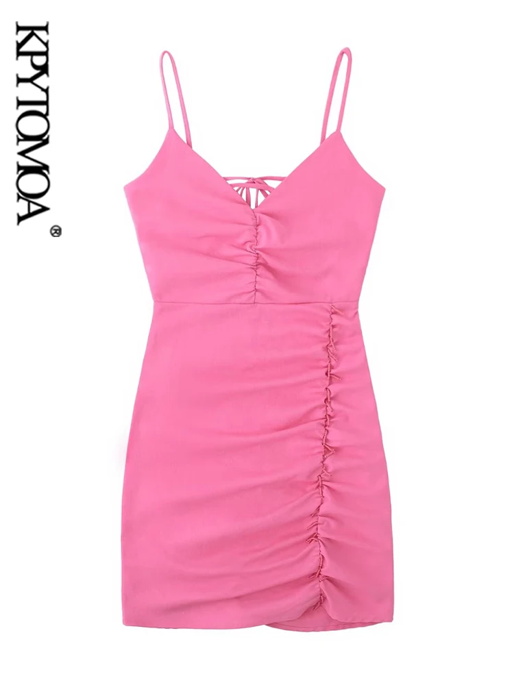 

KPYTOMOA женское модное с бисером ДРАПИРОВАННОЕ льняное мини-платье винтажное с открытой спиной и боковой молнией женские платья на тонких бре...