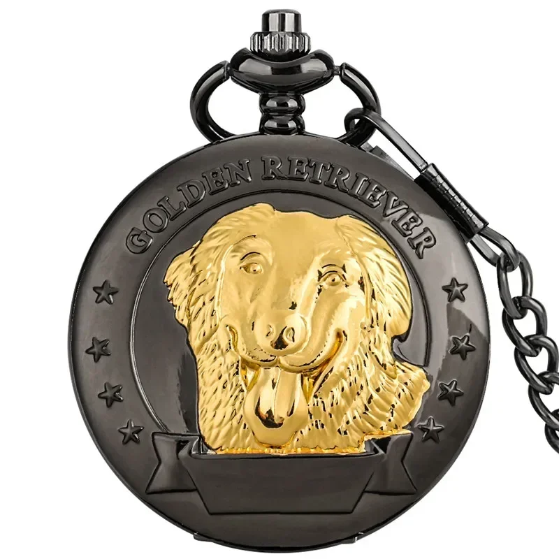 Фото Аналоговые карманные часы Golden Retriever Pet Dog Full Hunter Cover Black Quartz для мужчин и женщин с цепочкой-кулоном в подарок №5