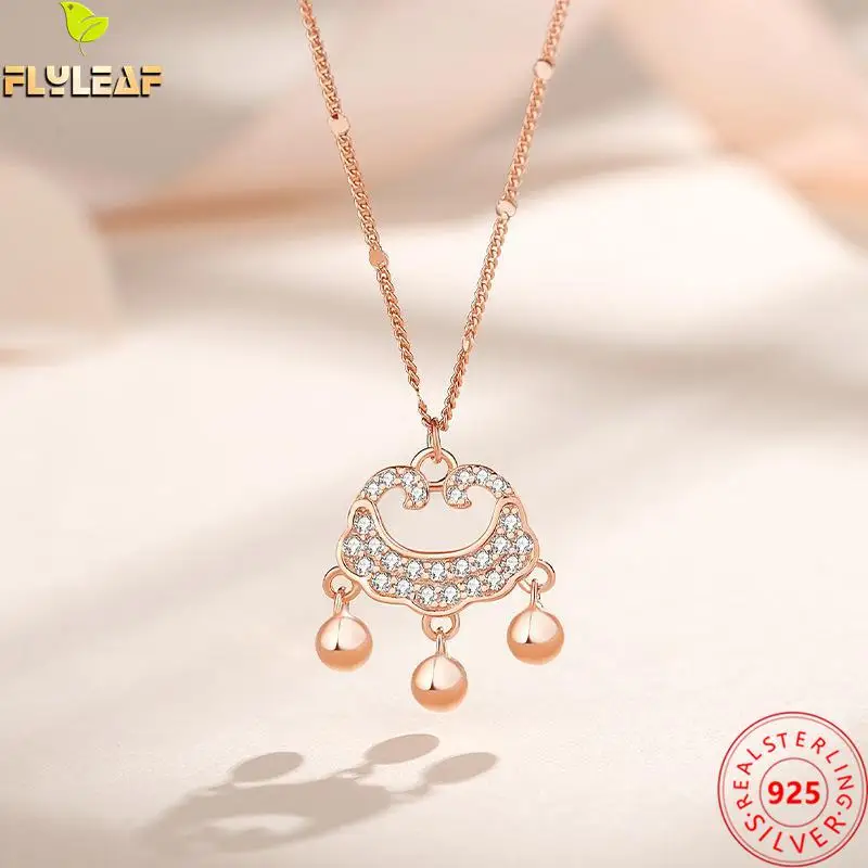 

Real 925 Sterling Silver Jewelry Zircon Lucky Lock Pendant Necklace Women Rose Gold Original Design Femme Luxury Accessories
