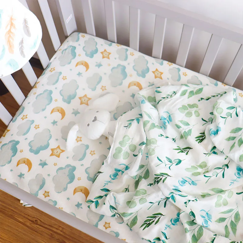 

Baby Star Moon Leaf Print Bamboo Cotton Muslin Fitted Crib Sheet Newborn Cot Fitted Sheets Infant Bed Sheet Bedding 132x71x18cm