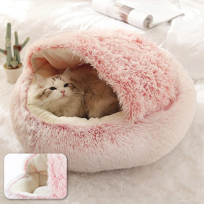 

Anti-Anxiety Donut Dog Cuddler Bed Fluffy Warming Cat Cave Bed Calming Semi-closed House Machine Washable Round Pet Bed Pet Tent