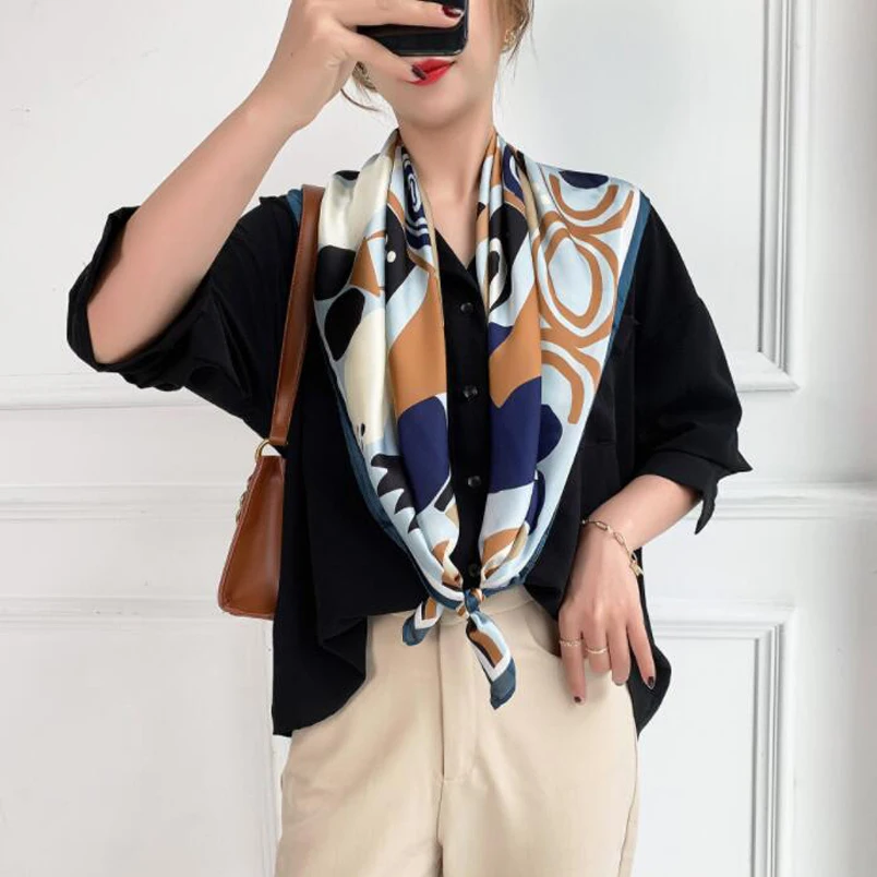 

Creative Geometric Square Scarfs Women's Silk Scarf Travel Sun Protection Bandana Hijab Shirt Suit Scarf Foulard Hand Kerchief