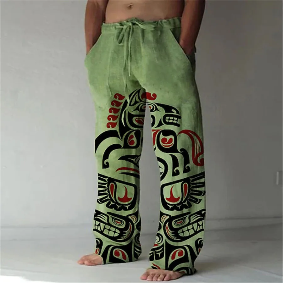 Retro Totem Men's Pants Casual Pocket Wide Leg Pant Full Length Drawstring Man Sport Pants Plus Size Loose Pants Streetwear