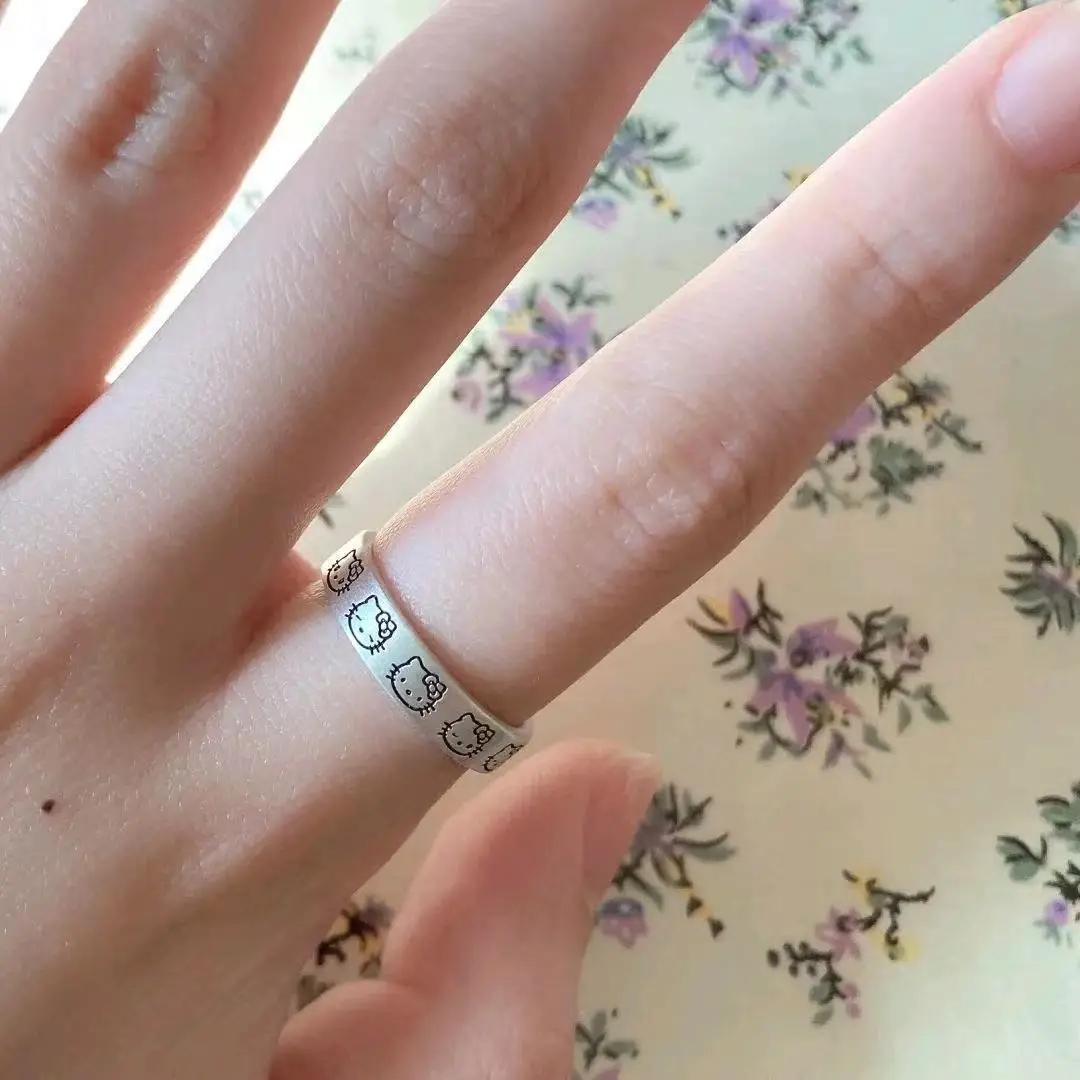 Hello Kitty S925 Sterling Silver Adjustable Couple Rings for Men and Women Cute High Sense Openings To Send Lover Gift