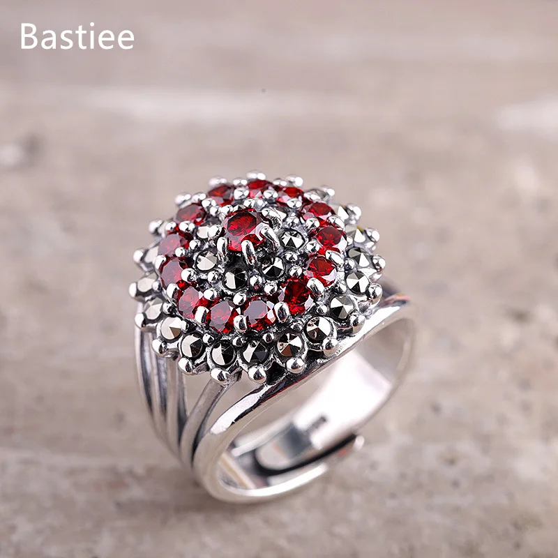 

Bastiee Garnet Red S925 Silver Rings Vintage Opening Adjustable Jewelry for Women Fashion Bague Anillos Mujer