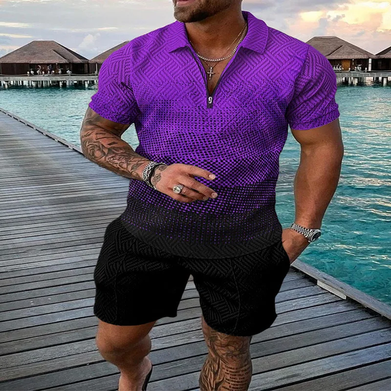 Summer Sports Style Short Sleeved Polo Shirt Beach Shorts 2 Piece Sets Tracksuit Men's 3D Printed Casual Suit