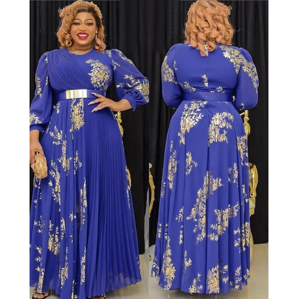 

2022 African Dresses Summer Chiffon Print Maxi Dress European American Wedding Evening Party Clothes Plus Size Pleated Kaftan