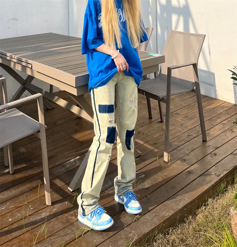 

Джинсы женские прямые в стиле ретро, с эффектом потертости