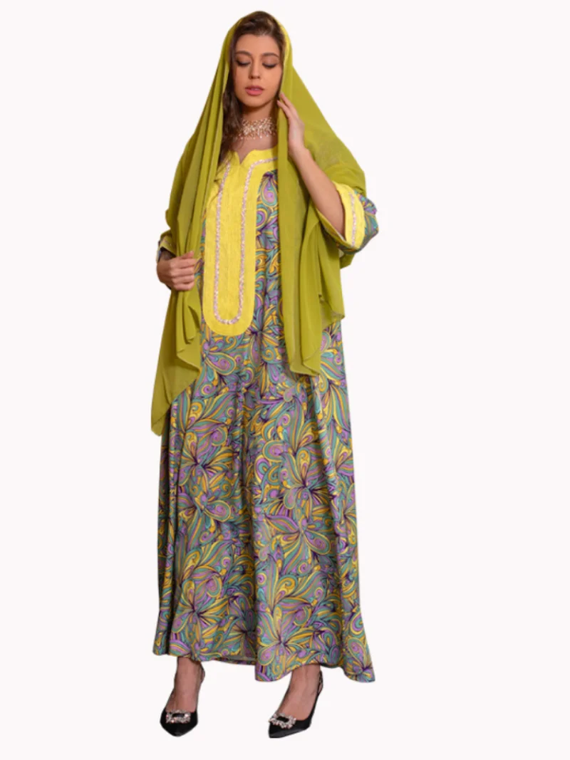Eid Muslim Women Abaya Ramadan Morocco Party Dress Abayas Elegant Print Prayer Abayas Long Sleeve Robe Musulman Maxi Vestidos