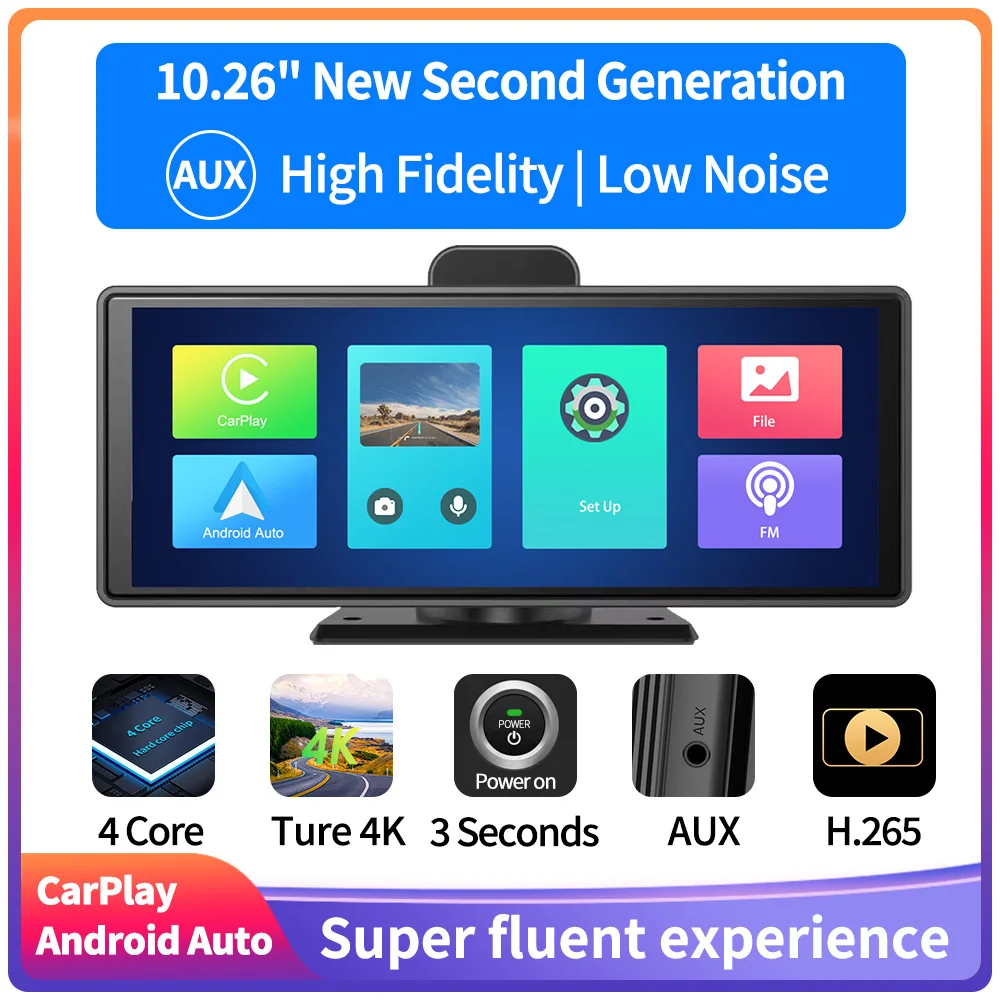 New 10.26inch 4K Car DVR Wireless CarPlay Android Auto WiFi AUX Dash Cam GPS FM Rearview Camera Video Recorder Dashboard 24hPark