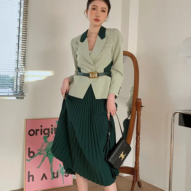 

Женский Повседневный костюм-двойка, корейский шикарный костюм из блейзера и плиссированной юбки, весна 2022
