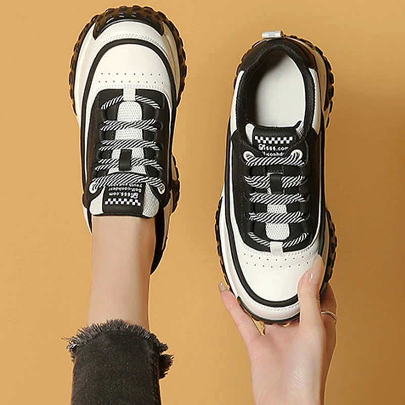 Chunky Air Mesh Breathable Sneakers Fashion Genuine Leather Women Vulcanize New Female Summer Comfy Lace Up Fashion Ladies Shoes