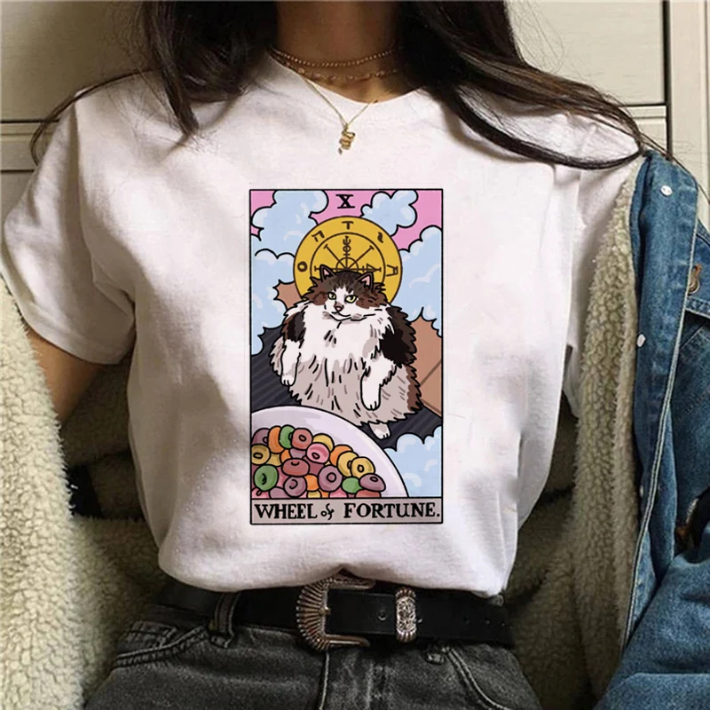 

Women Tarot Cat Print Tshirt 90s Tshirt Trend Cartoon Summer Fashion Print Short Sleeve Lovely Clothes Tops Tees Tshirt T-Shirt.