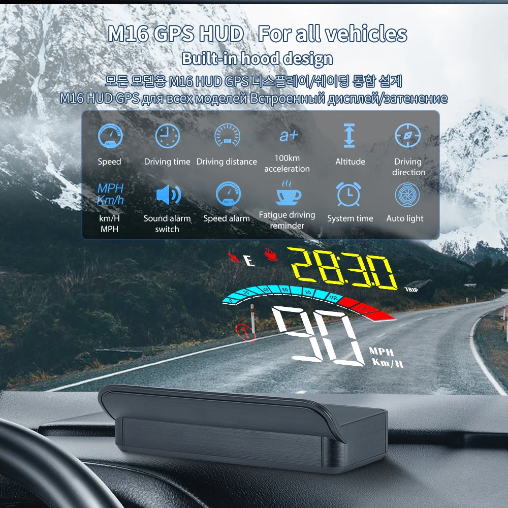 

Автомобильный цифровой датчик скорости M16 GPS HUD, проектор скорости на лобовое стекло, система оповещения о скорости и напряжении для всех авт...