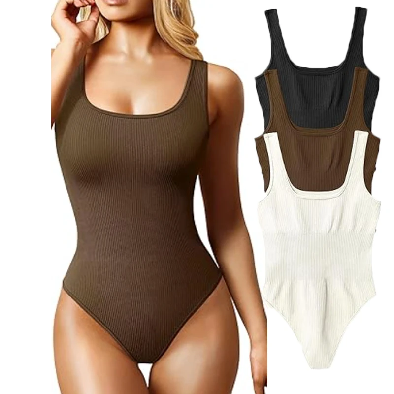 Dimmkof Ribbed Jumpsuits Tank Top Bodysuits Square Neck Sleeveless Sexy Tops Body Suit