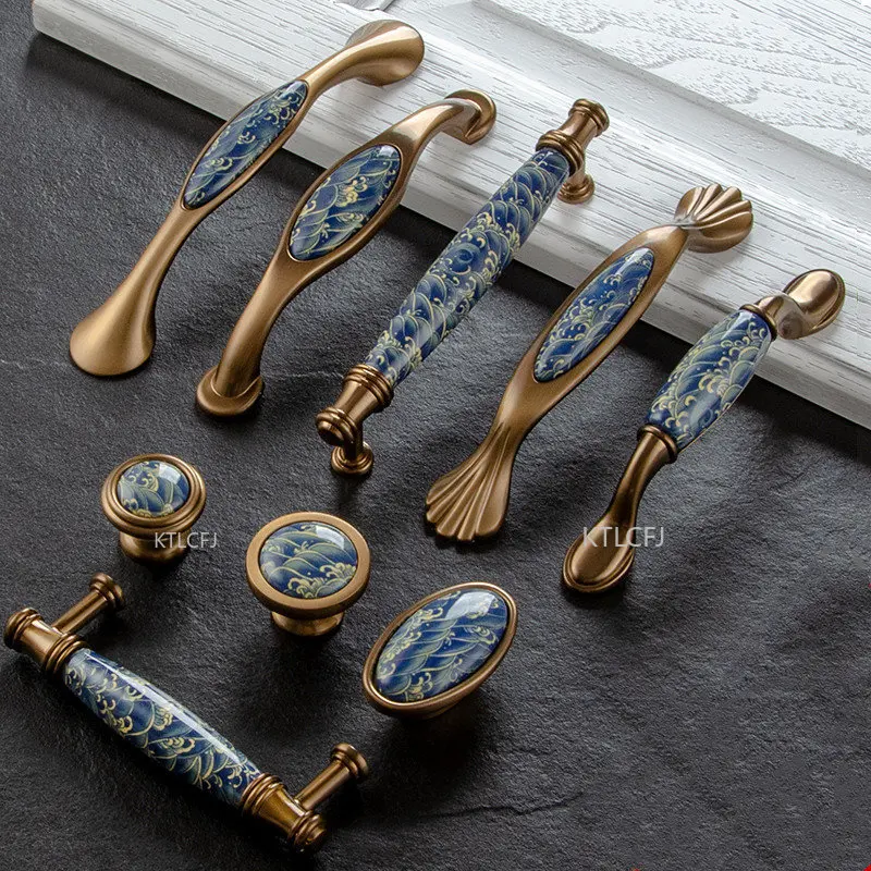 

Blue Cupboard cabinet Knob Leaf hand painted ceramichandle and knobs drawer Dresser handles Closet pulls