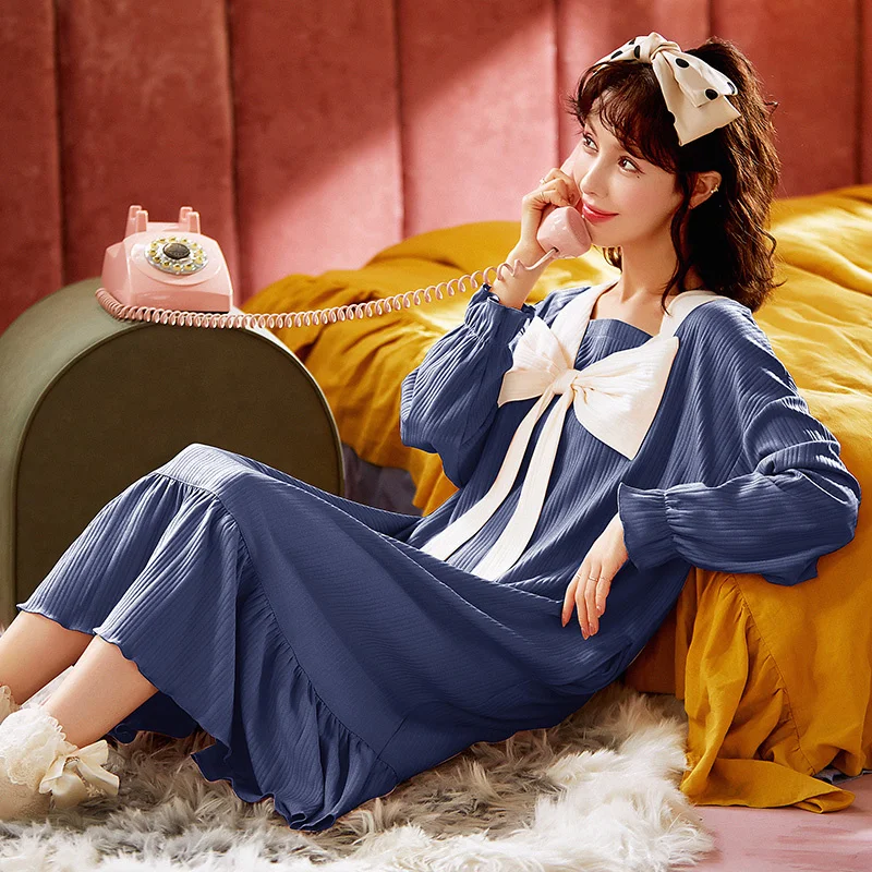 

Женская хлопковая ночная рубашка с длинным рукавом, осенняя ночная рубашка, ночная рубашка, домашняя одежда, одежда для сна, верхняя одежда ...