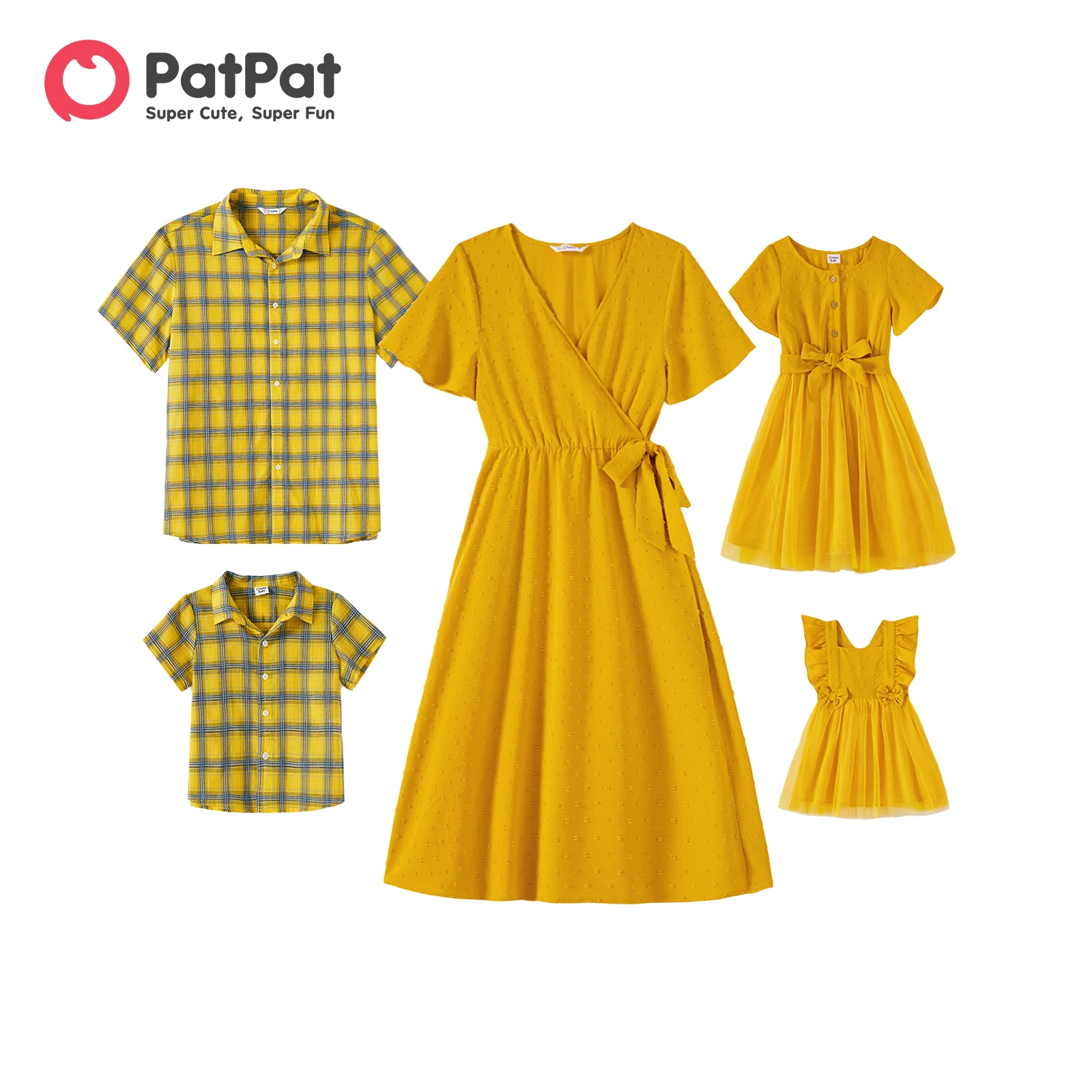 

PatPat Family Matching Outfits 100% Cotton Yellow Plaid Shirts and Solid Surplice Neck Ruffle-sleeve Self Tie Dresses Sets