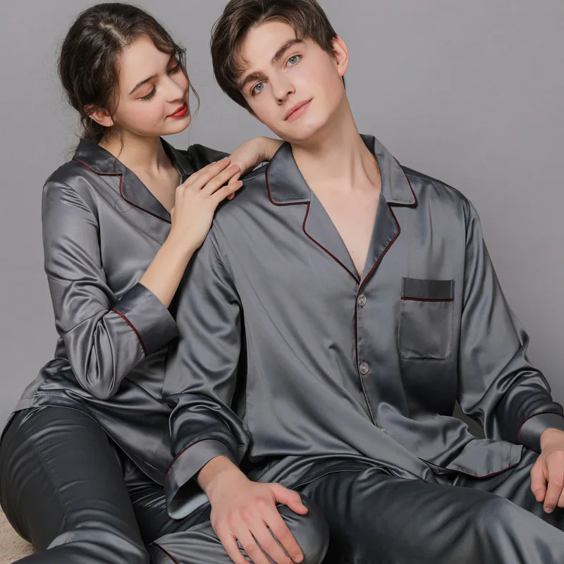 2022New Spring and Autumn Silk Pair Pajamas Women's Autumn Ice Silk Men's Pajamas Home Clothes Long Sleeves Large Size Suit