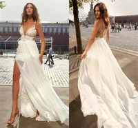 beach boho wedding dress with belt lace spaghetti straps a line bridal gown sweep train criss cross open back side slit robe