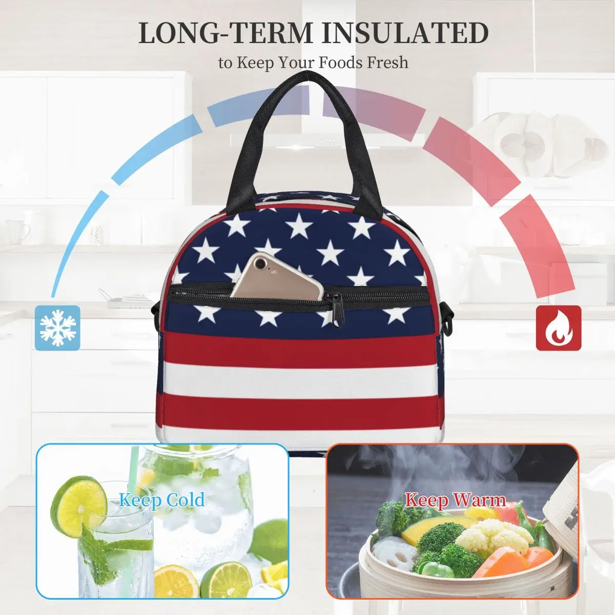 

Red And White Striped Lunch Bag with Handle Stars Spangled USA Flag Food Cooler Bag Purchase Cute Cooling Takeaway Thermal Bag
