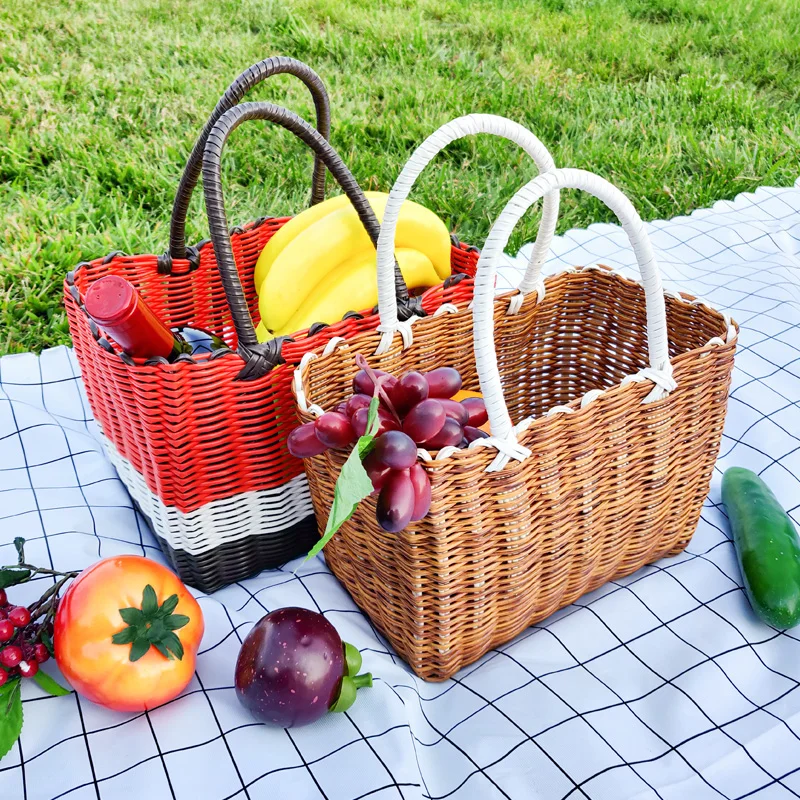 

Fruit Hamper Outdoor Weaving Basket Woven Picnic Breakfast Willow Food Bycicle With Handle Handmade Flower Basket Storage Basket