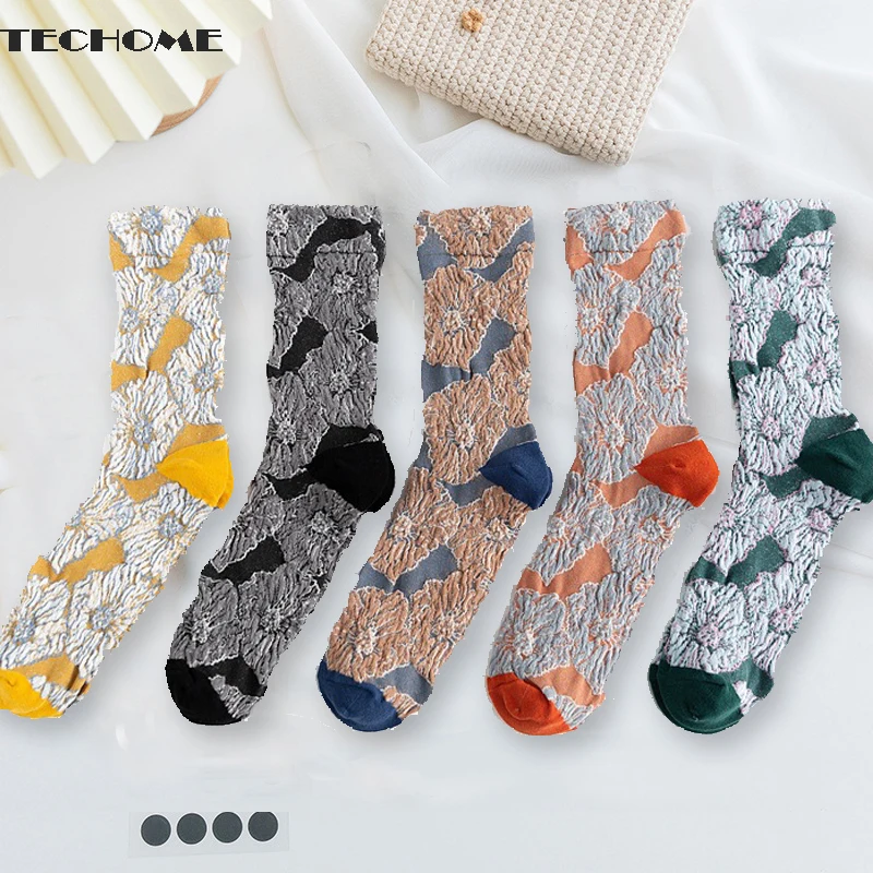

5Pairs/set Autumn Tube Socks Women Flower Cotton Socks Ladies European and American Fashion Vintage Japanese Cute Street Socks