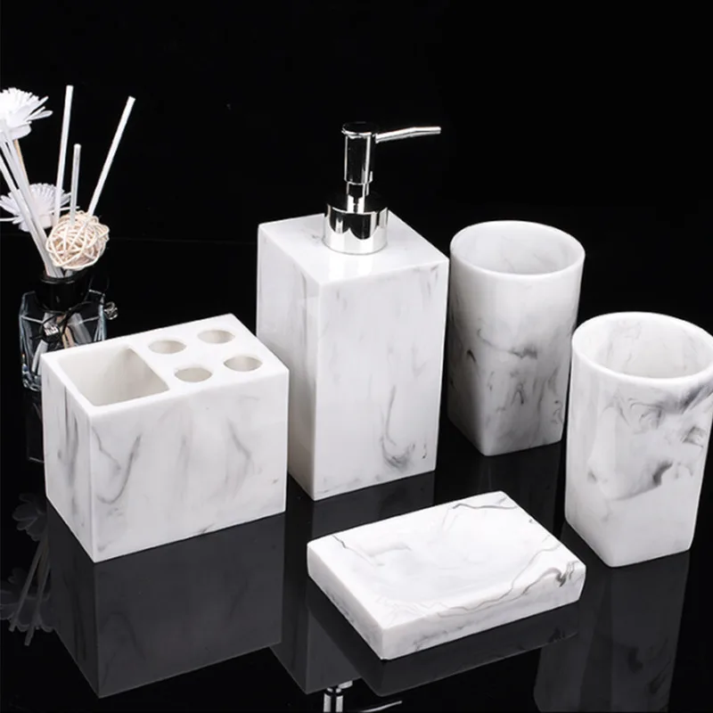 

5pcs Resin Bathroom Accessories Set Bathroom Set Marble Texture Toothbrush Holder Liquid Soap Dispenser Soap Dish Tumblers