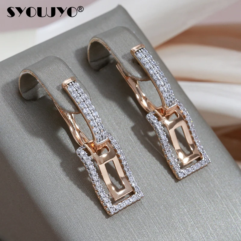 Silver Plated Natural Zircon Full Paved Long Dangle Earrings For Women SYOUJYO Luxury 585 Rose Gold Color Square Fine Jewelry