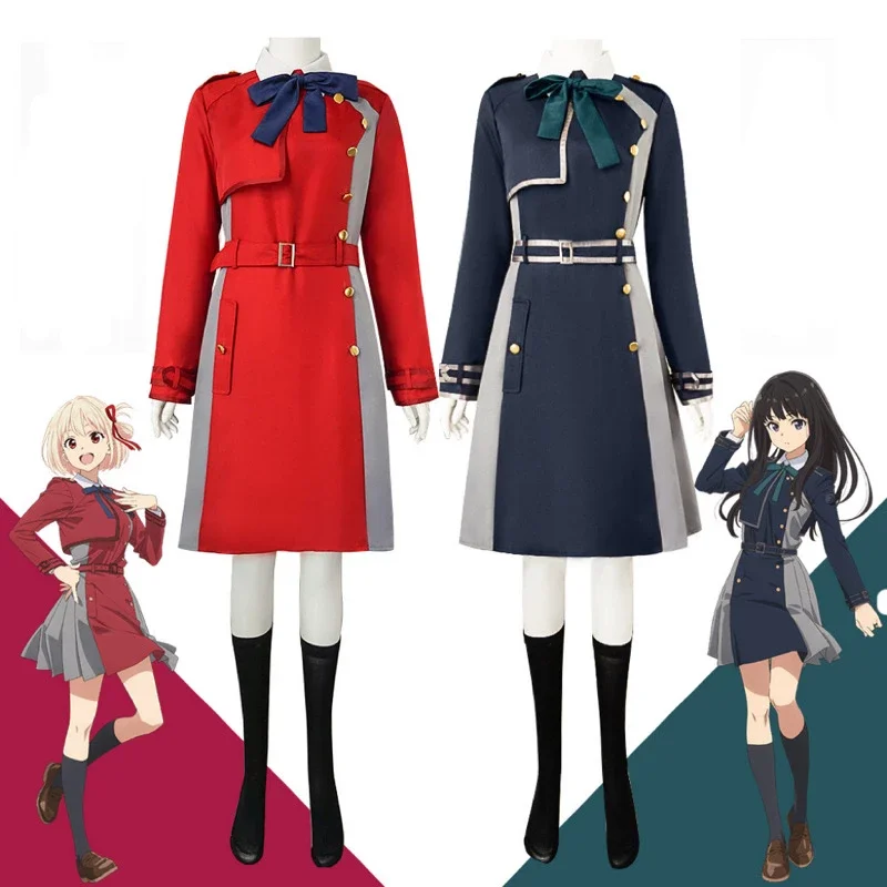 

Lycoris отдача nishikier Chisato Inoue Takina аниме косплей костюм красный синий Униформа платье полный комплект парик Хэллоуин Девушки Женщины