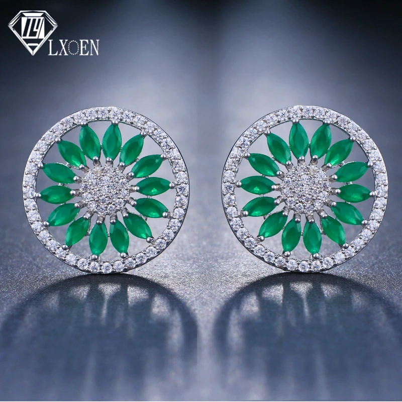 

LXOEN Green Round Druzy Stud Earrings With Marquise Cubic Zirconia Ear Studs For Women Earings Gift Pendientes Jewelry Bijoux