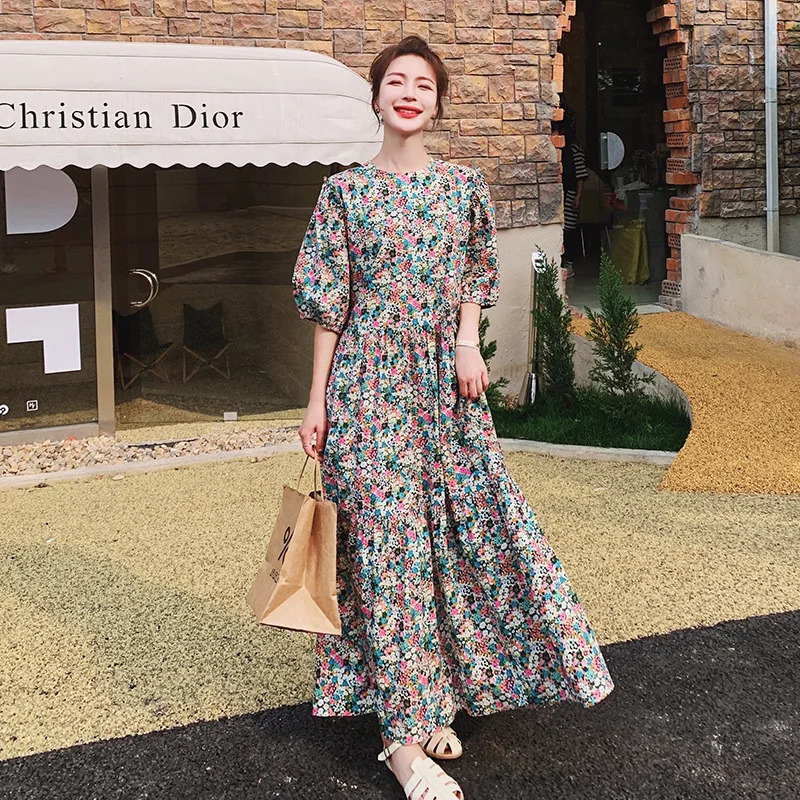 

Женское винтажное платье с цветочным принтом, элегантное шикарное повседневное свободное платье-трапеция во французском стиле с коротким рукавом и круглым вырезом, модель 2023 на лето, 6627